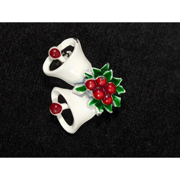 Vintage Christmas Bell Pin Brooch White Metallic Red holly Berry - Picture 2 of 8